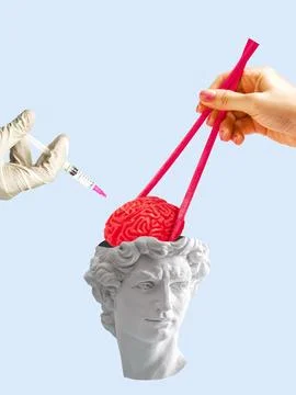 Ancient statue bust with open head and hand with chopsticks holding it's br.. Stock Photos