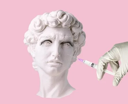 Ancient statue head with extended eyelashes and hand with  syringe. Creativ.. Stock Photos