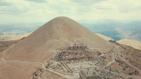 Ancient statues found on Mount Nemrut in Turkey. Aerial view of the 2150 meter Stock Footage 258639949