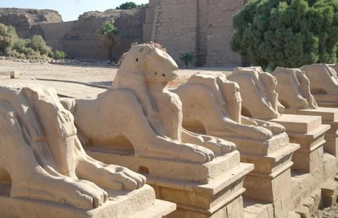 Ancient statues of ram-headed sphinxes in karnak temple, luxor Stock Photos