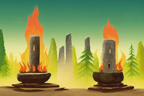 Ancient stone altar with fire on pillars in forest. Old round podium with pagan. Stock Illustration