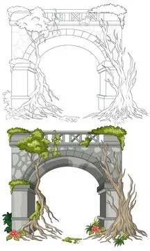 Ancient Stone Arch Overgrown With Trees and Moss Stock Illustration