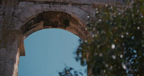 Ancient stone arch of Pula Arena with tree foreground Vídeos de archivo 334690583