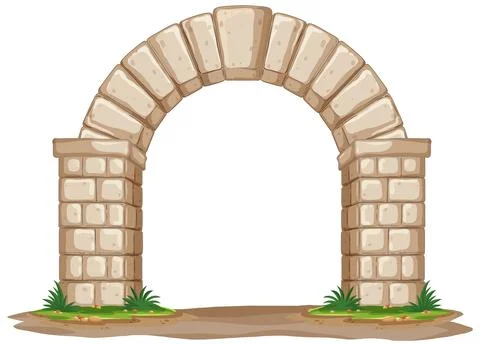 Ancient Stone Archway Vector Illustration with Brick Pillars and Grass Illustrazione stock