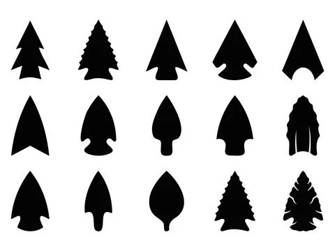 Ancient stone arrowhead and spearhead silhouette vector illustration set Stock Illustration