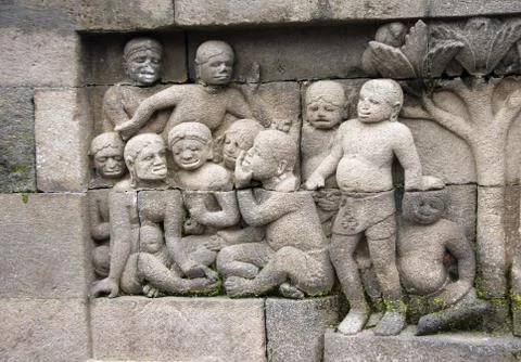 Ancient stone bas-relief, Buddist temple Borobudur, Yogyakarta Stock-Fotos