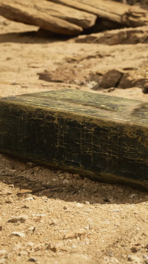 Ancient stone block discovered in desert landscape showing mystery and intrigue Stock Footage 334257647