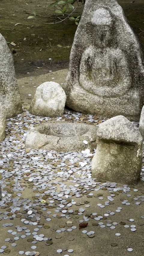 Ancient Stone Buddha Statues with Coin Offerings in Japanese Temple Garden 스톡 동영상 331677774