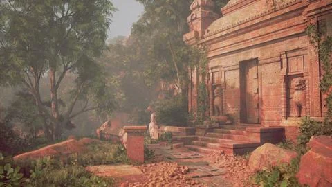 Ancient Stone Building Amidst Tree-Filled Jungle Ilustración de archivo