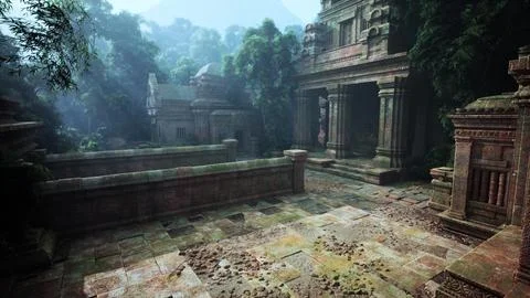 Ancient Stone Building Surrounded by Lush Trees Ilustración de archivo