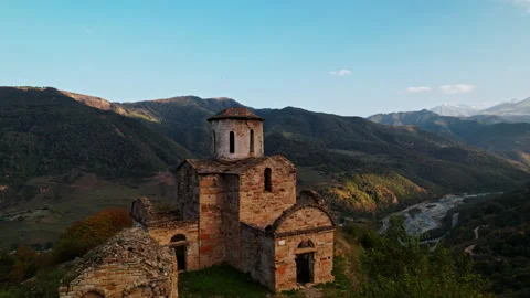 Ancient Stone Castle At Top Of Mountain, Aerial View, Picturesque Landscape With Stock Footage 254406137