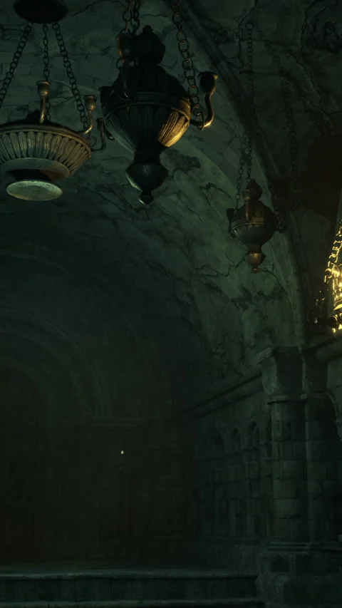 Ancient stone cavern with ornate lighting in shadowy ambience at dusk Stock Footage 327262655