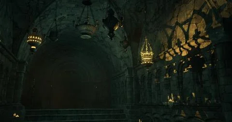 Ancient stone cavern with ornate lighting in shadowy ambience at dusk Ilustración de archivo