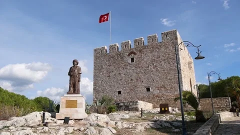 Ancient Stone Citadel With Turkish Flag And Monument Stock Footage 195930963