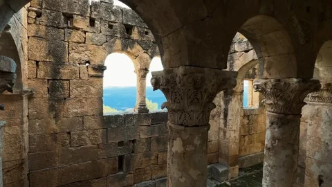 Ancient Stone Columns and Arches at Alahan Monastery Vídeos de archivo 345161707