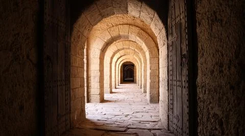 Ancient stone corridor with repeating arches and heavy wooden doors illumin.. Stock-Fotos