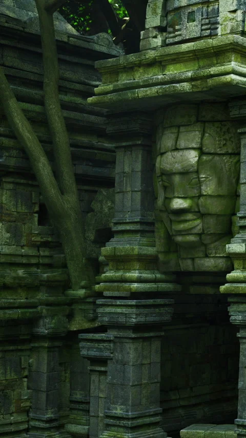 Ancient stone face in lush jungle setting reveals natures embrace 스톡 동영상 331834201
