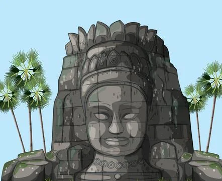 Ancient Stone Face with Palm Trees Illustration Stock Illustration