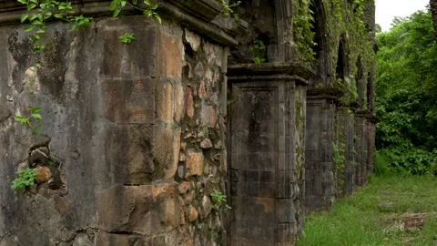 Ancient Stone Fort Exterior Surrounded by Monsoon Greenery Stock Footage 340890057