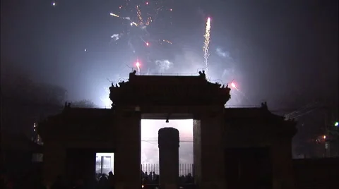 Ancient stone gate, fireworks, Beijing, Stock Footage 56634977