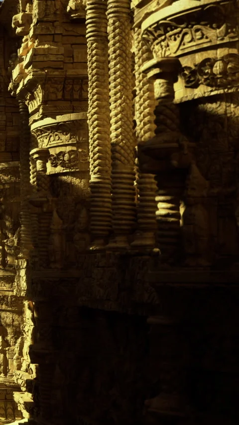 Ancient stone pillars show craftsmanship in the golden light at dusk Stock Footage 331759416
