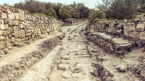 Ancient stone road. Museum Residency of Crimean Khan. Old muslim cemetery. Mu Stock Photos