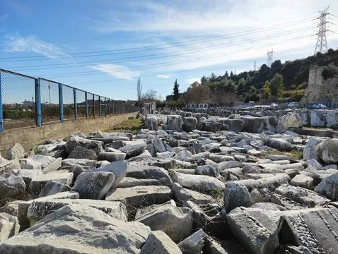 Ancient stone ruins with a pattern, fragments of ancient buildings Stock Photos