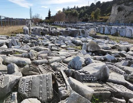Ancient stone ruins with a pattern, fragments of ancient buildings Stock Photos