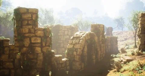 Ancient stone ruins surrounded by plants in a sunlit landscape Stock Illustration