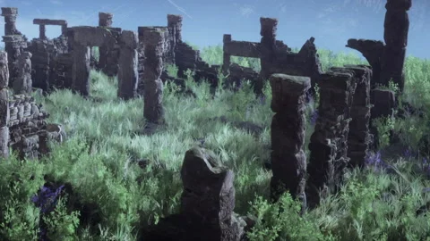 Ancient stone ruins surrounded by tall grass and mountains in background Stock Footage 344847222