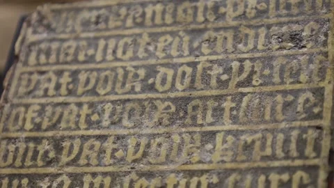 Ancient Stone Slab With Engraved Text In Gothic Style Stock Footage 292679167