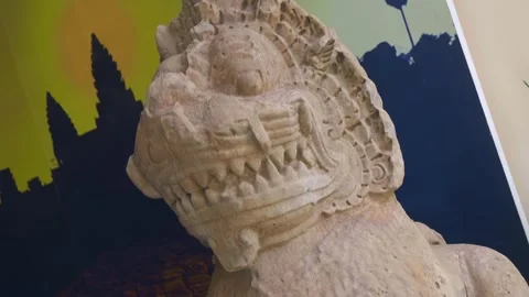An ancient stone statue of a Singha Khmer mythical creature Stock Footage 318734210