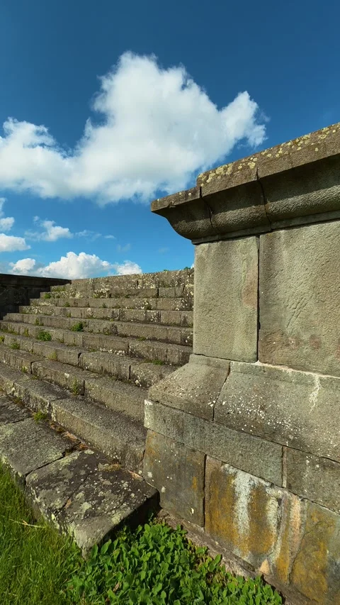 Ancient stone steps rise toward sky. Felix Romuliana, Vertical POV. Stock Footage 335939102