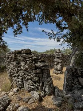 Ancient Stone Structure Amidst a Forested Landscape Foto stock