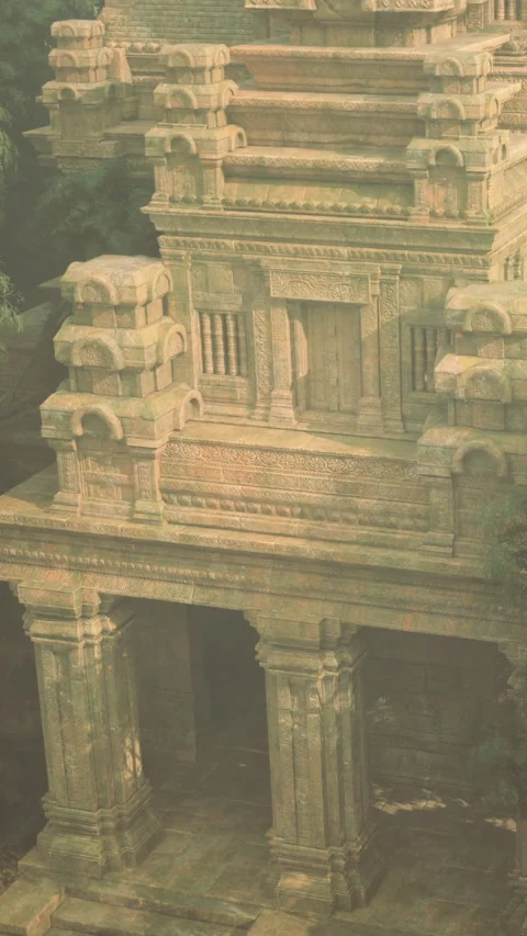 Ancient stone structure bathed in soft light near lush trees at dusk 库存影片 331806291
