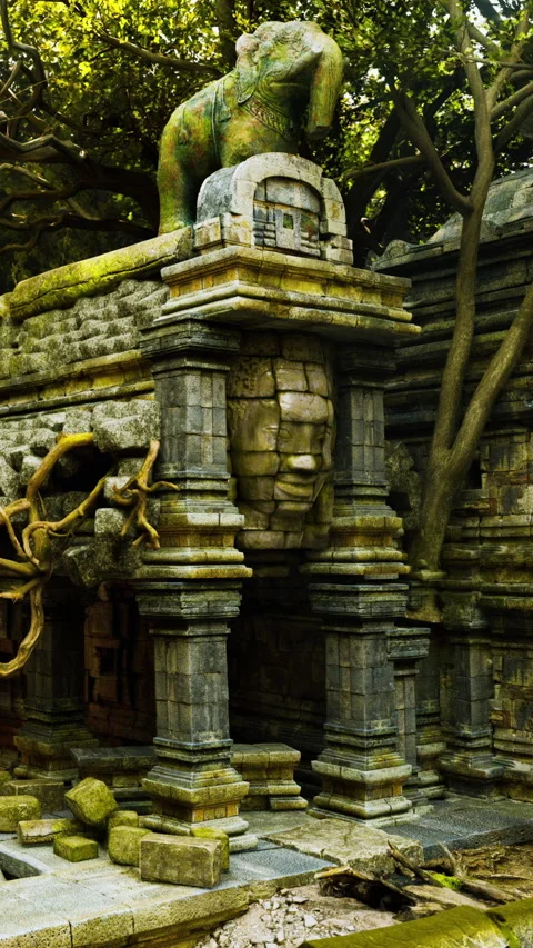 Ancient stone structure with a carved face and a large elephant statue on top Stock Footage 339773915
