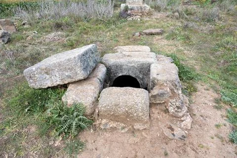 Ancient stone structure with circular opening to an ancient Roman aqueduct Stock Photos