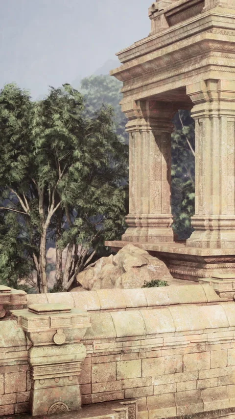 Ancient stone structure with columns and trees in a natural setting Stock Footage 342171364