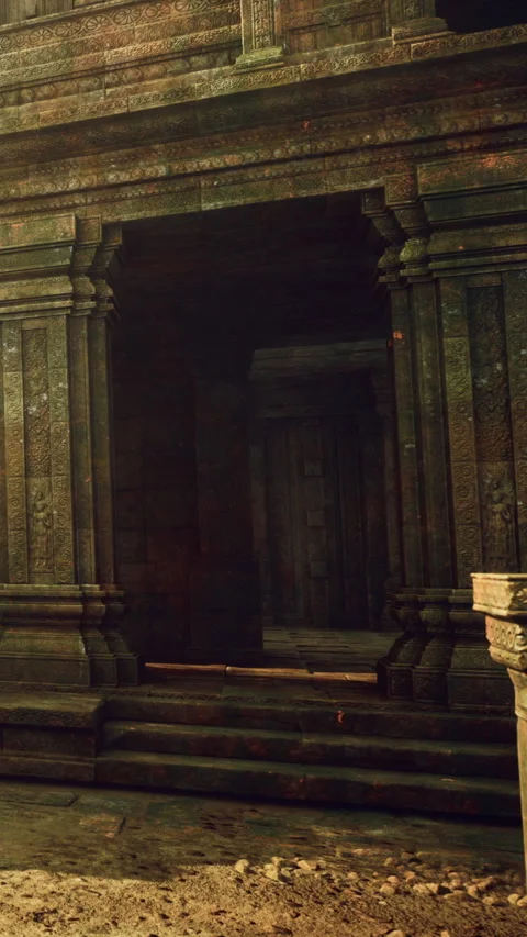 Ancient stone structure with columns and dark passage in India Stock Footage 342451655