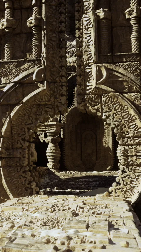 Ancient stone structure with intricate patterns in a dry environment Stock Footage 331756195