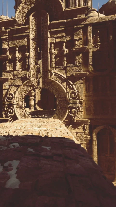 Ancient stone structure shows intricate designs and worn surfaces Stock Footage 331762505