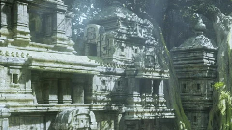 Ancient stone structures hidden among trees in a misty forest scene Stock Footage 344096641