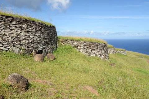 Ancient Stone Structures Overlooking Ocean at Rano Kau, Easter Island Stock Photos