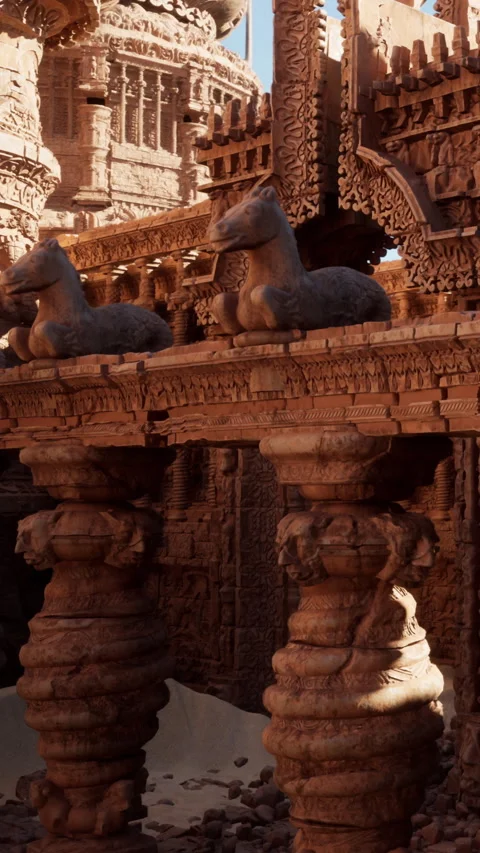 Ancient stone structures stand tall with horse sculptures in a historic site Stock Footage 335690227