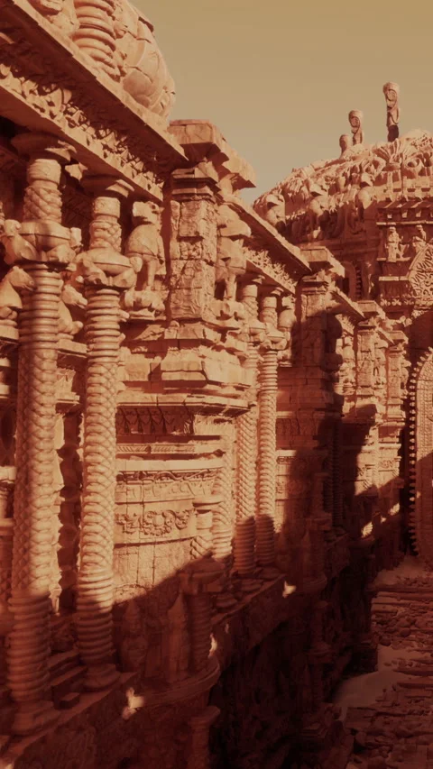 Ancient stone structures stand tall under midday sun in desert region Video stock 339507753