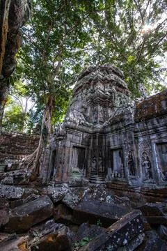 Ancient stone structures of Ta Prohm temple in Siem Reap, Cambodia. Stock Photos