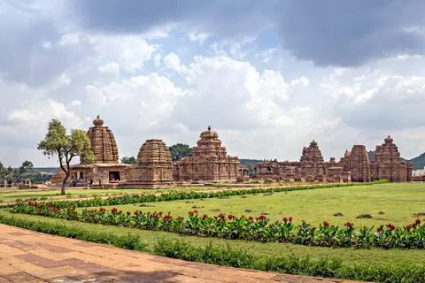 Ancient stone temple complex of monuments in Pattadakal. Stock Photos