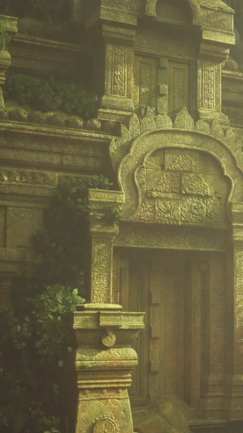 Ancient stone temple covered in lush greenery at dusk Stock Footage 341420517
