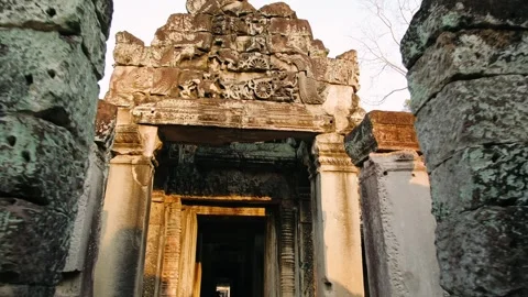 Ancient stone temple gate in angkor, cambodia. A world famous landmark and Stock Footage 325969597