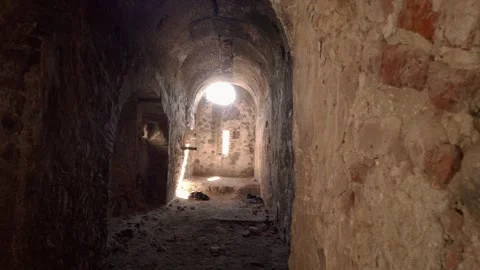 Ancient stone tunnel corridor with arched ceiling and light at end Stock Footage 334629564